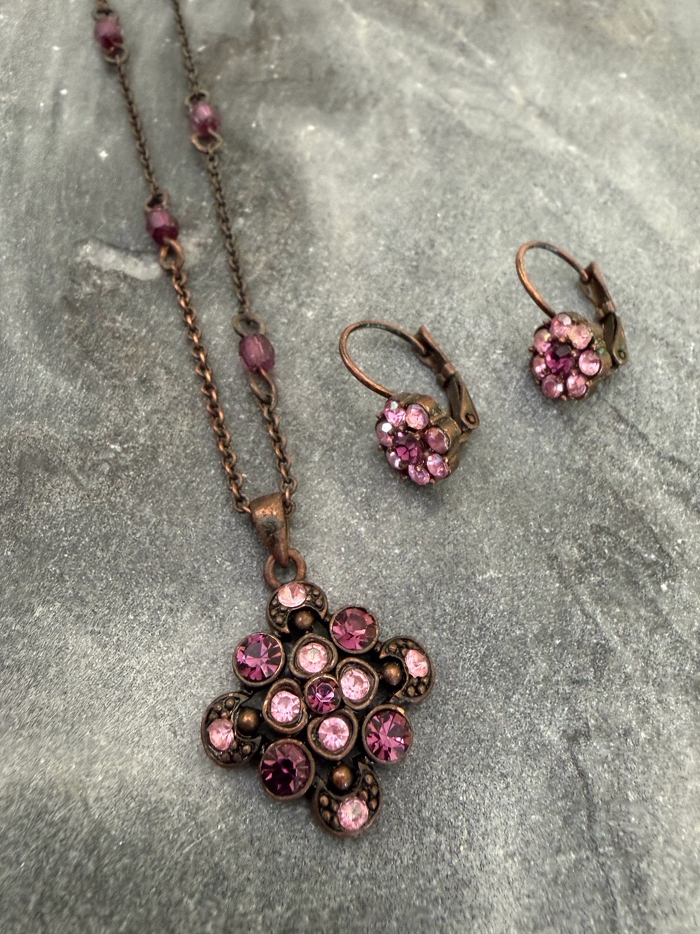 Vintage Avon Purple Pink Crystal Flower Necklace & Earrings Set